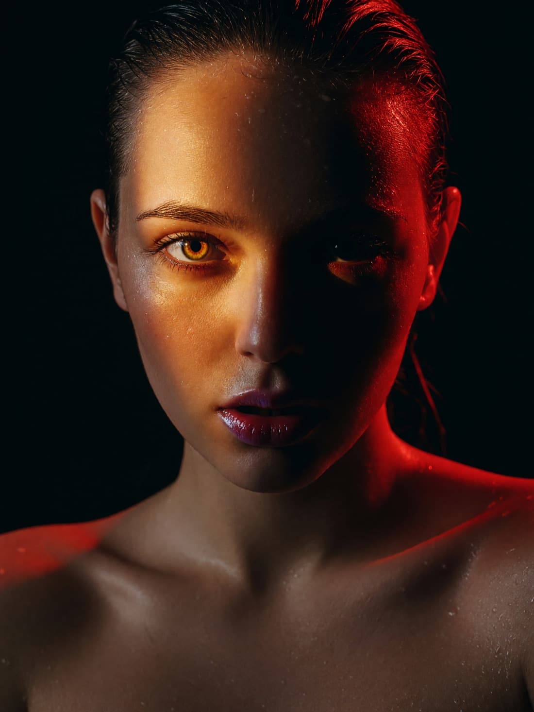 Close-up of an AI-generated companion character lit in amber and crimson